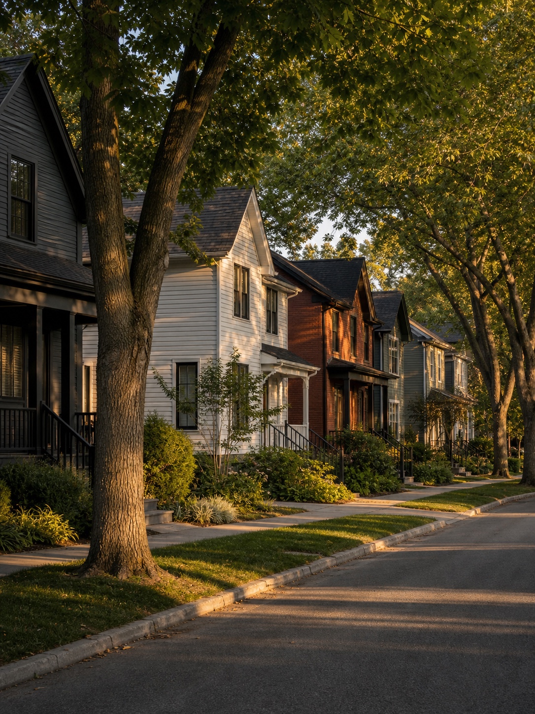 Neighborhood Street Context Tree-lined residential street with varied home exterior colors that feel distinct but harmonious together. | Sky Rye Design Tree-lined residential street with varied home exterior colors that feel distinct but harmonious together.