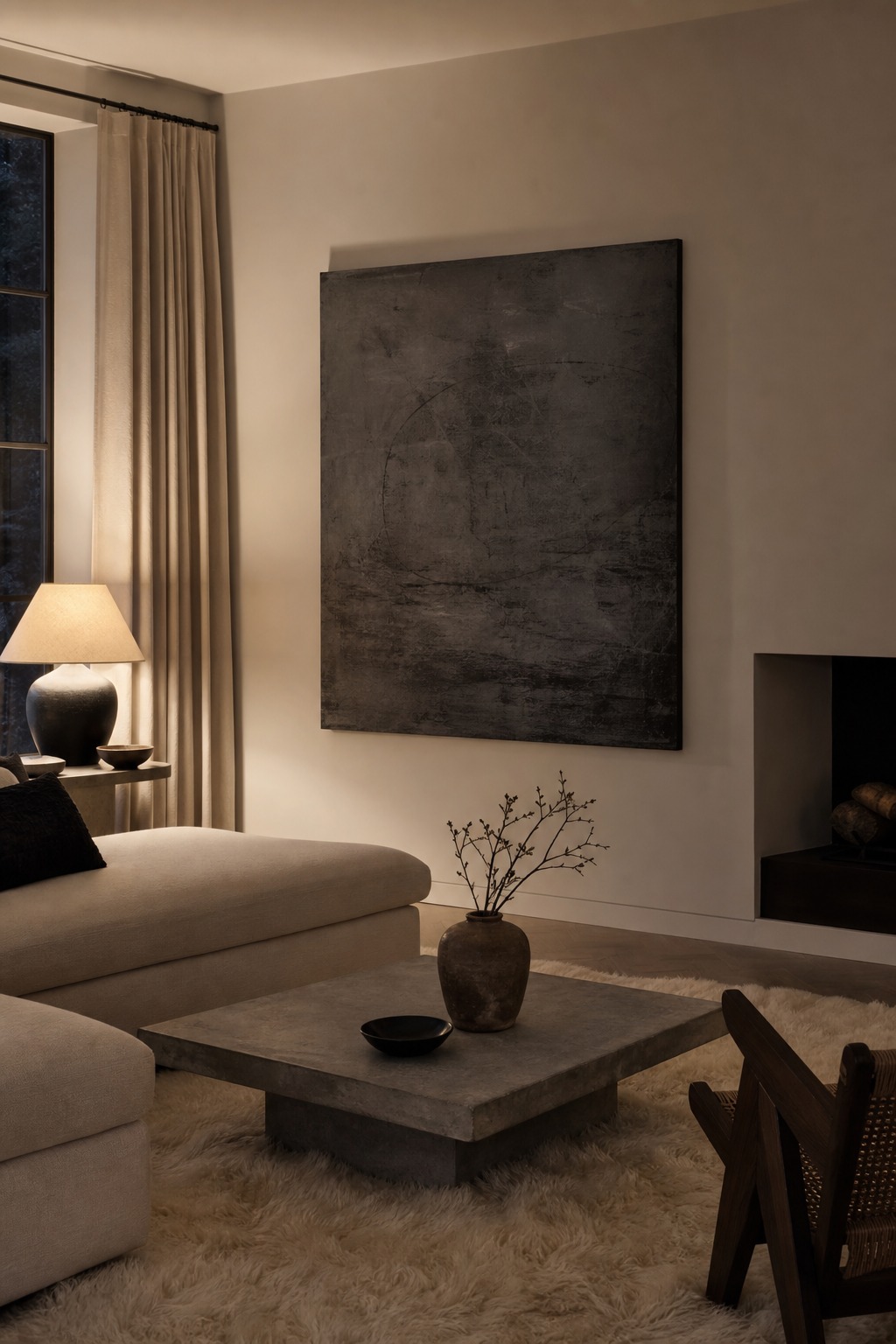 Neutral charcoal abstract canvas in a minimalist living room with evening lamp light.