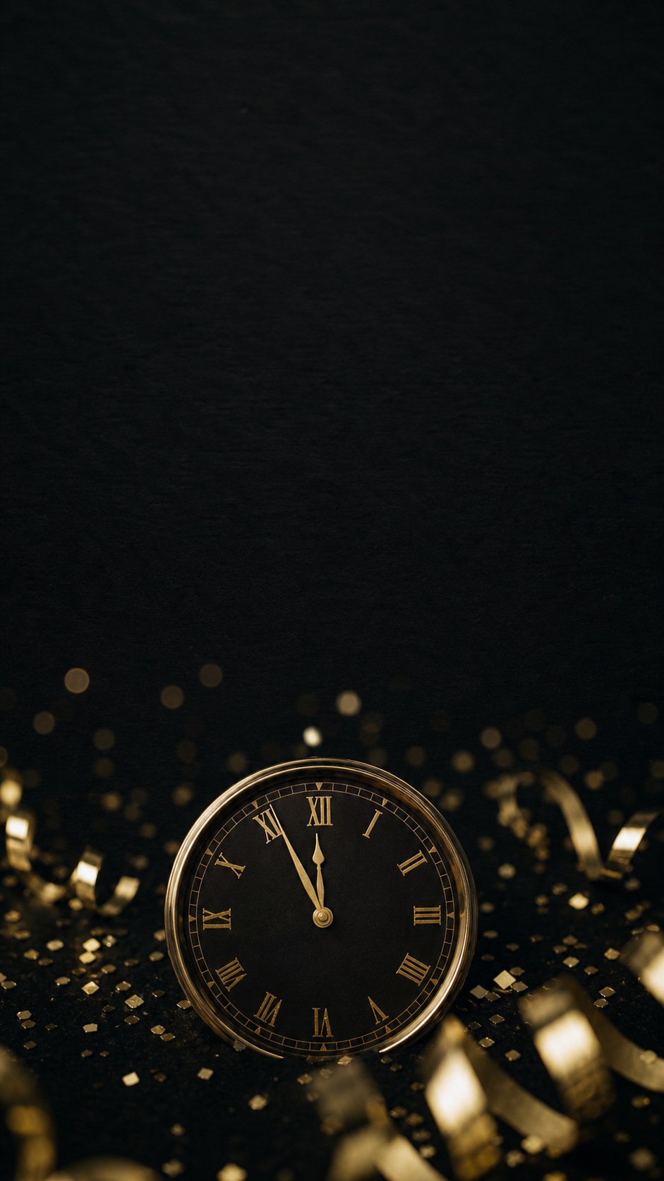 Black Gold New Year Phone Wallpaper Black and gold New Year phone wallpaper with confetti, bokeh, and a clock near midnight | Sky Rye Design Black and gold New Year phone wallpaper with confetti, bokeh, and a clock near midnight