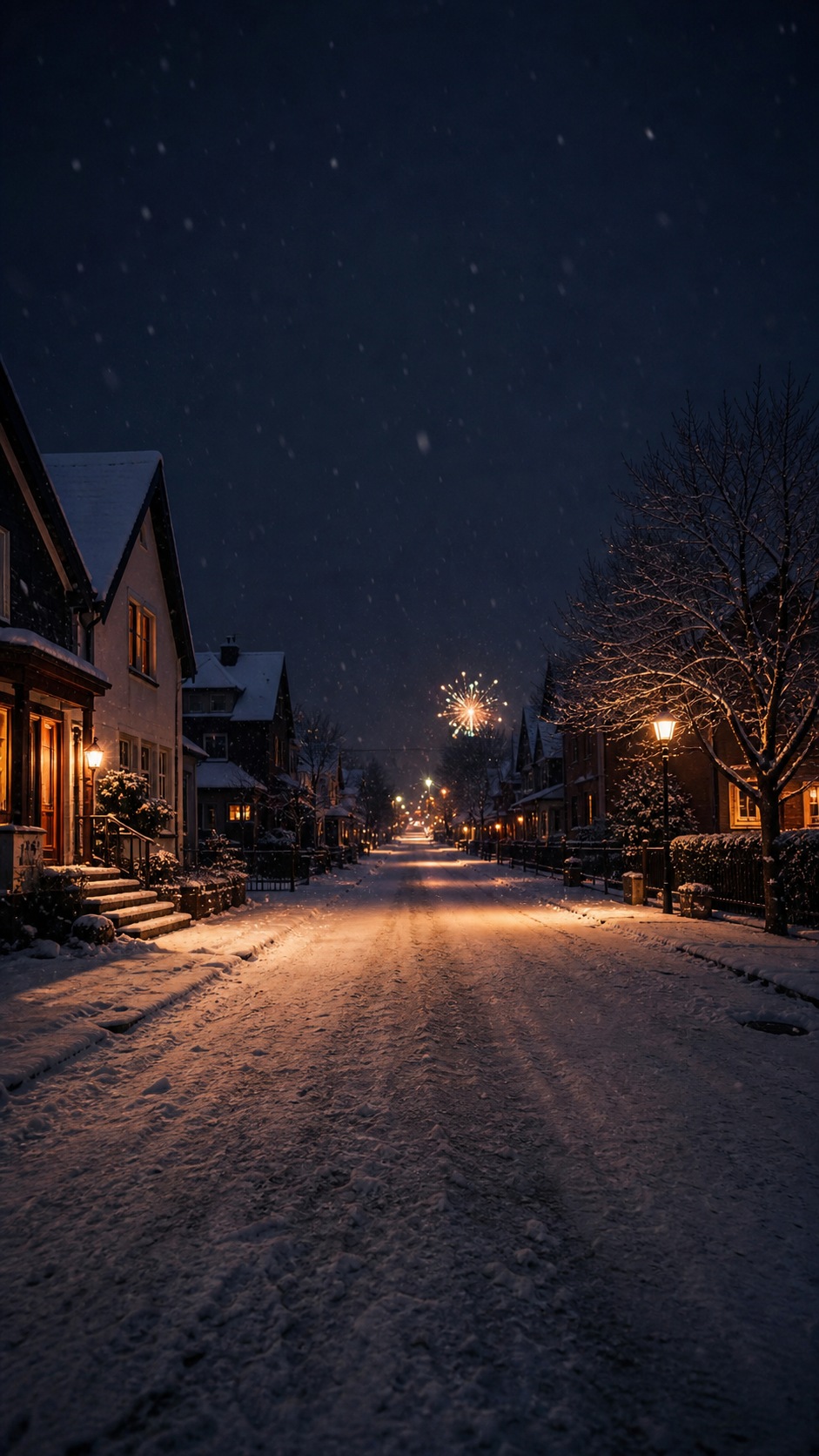 Snowy Midnight New Year Phone Wallpaper Snowy midnight street New Year phone wallpaper with warm lights and falling snow | Sky Rye Design Snowy midnight street New Year phone wallpaper with warm lights and falling snow