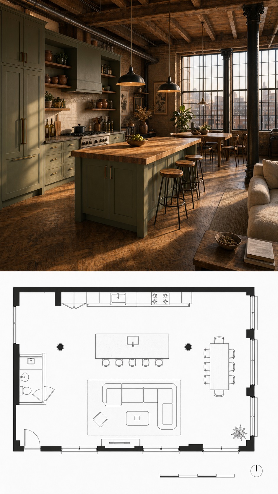 Split-panel reference of a New York loft kitchen with sage green cabinetry and butcher block island above a floor plan.