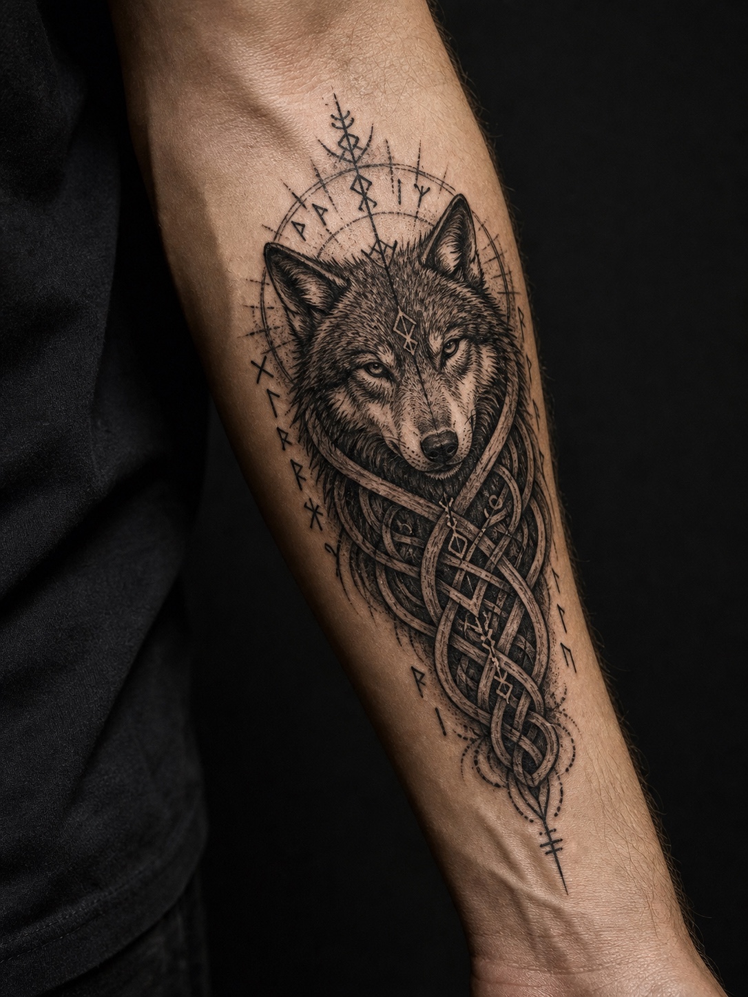 Norse-inspired wolf tattoo with knotwork and rune-like marks on a forearm.