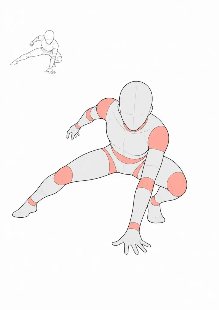 Dynamic crouching figure pose reference with highlighted joints and muscle markers — anatomy guide for artists