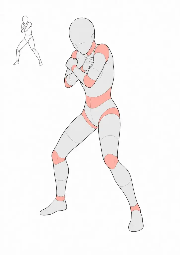 Stylized pose reference: figure in a defensive boxing stance highlighting shoulders, forearms, hips, knees, and ankles
