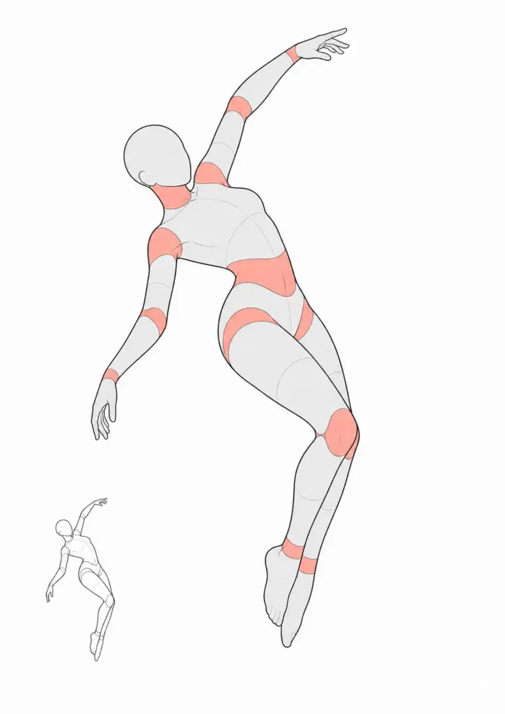 Figure drawing reference: stylized mannequin leaping in a dynamic dance pose with pink joint accents