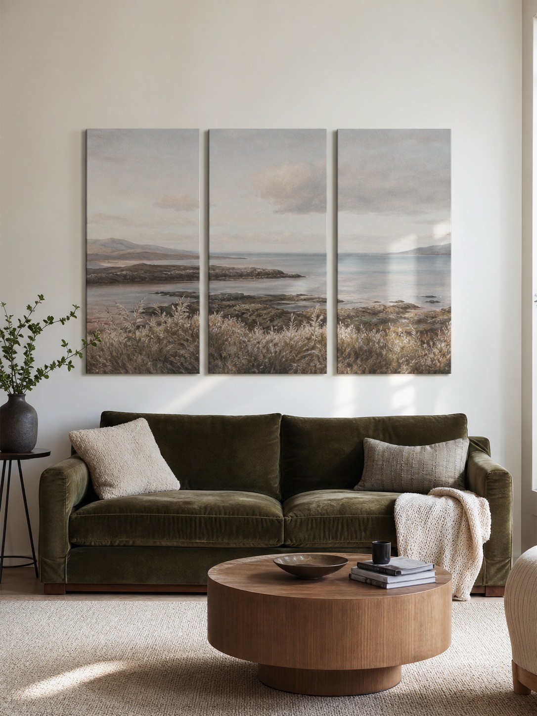 Three piece canvas wall art set evenly spaced above a dark olive sofa.