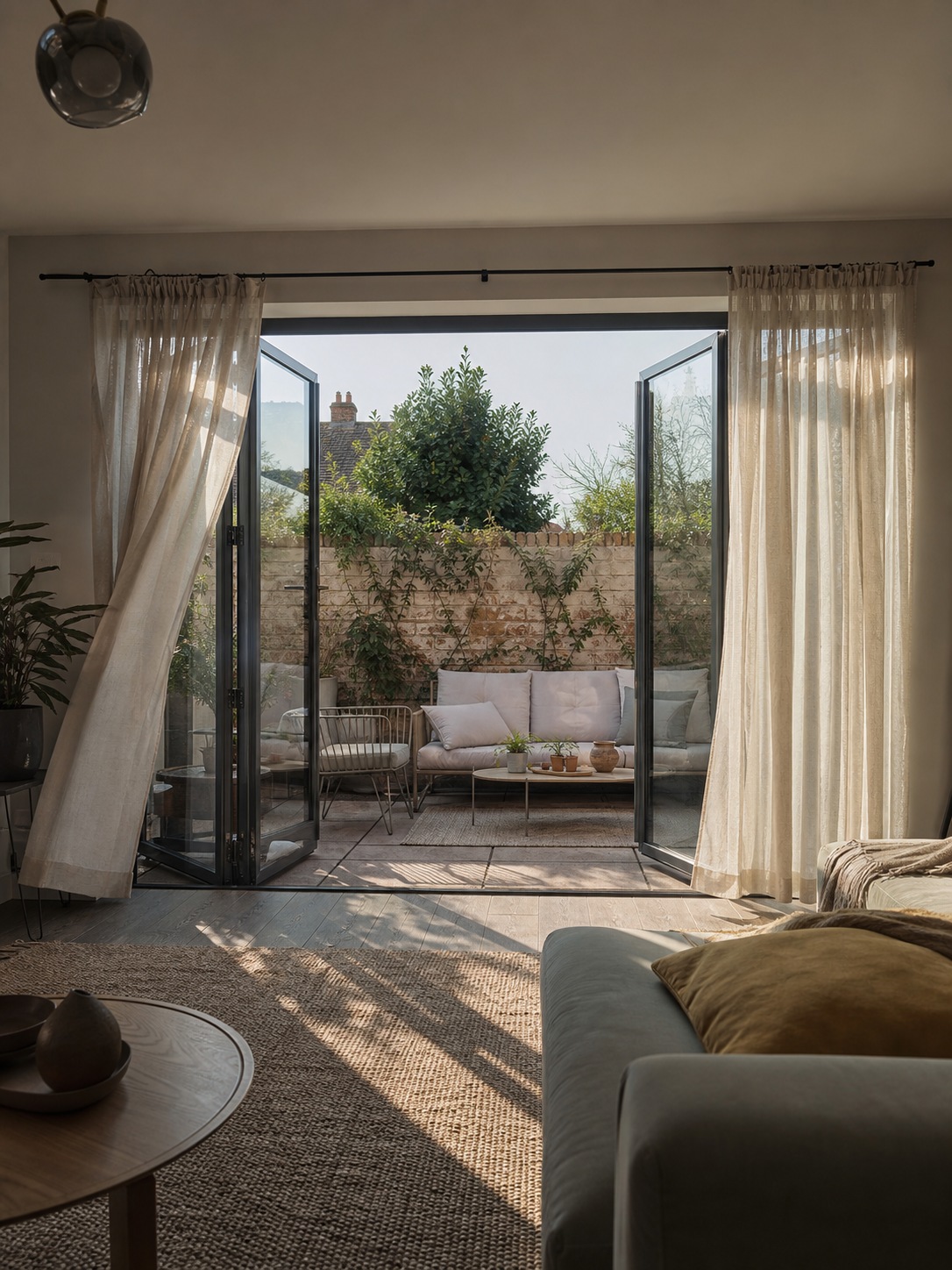 Living room with folding glass doors to narrow patio A living room opens through full-width folding glass doors onto a narrow patio in late afternoon light. | Sky Rye Design A living room opens through full-width folding glass doors onto a narrow patio in late afternoon light.