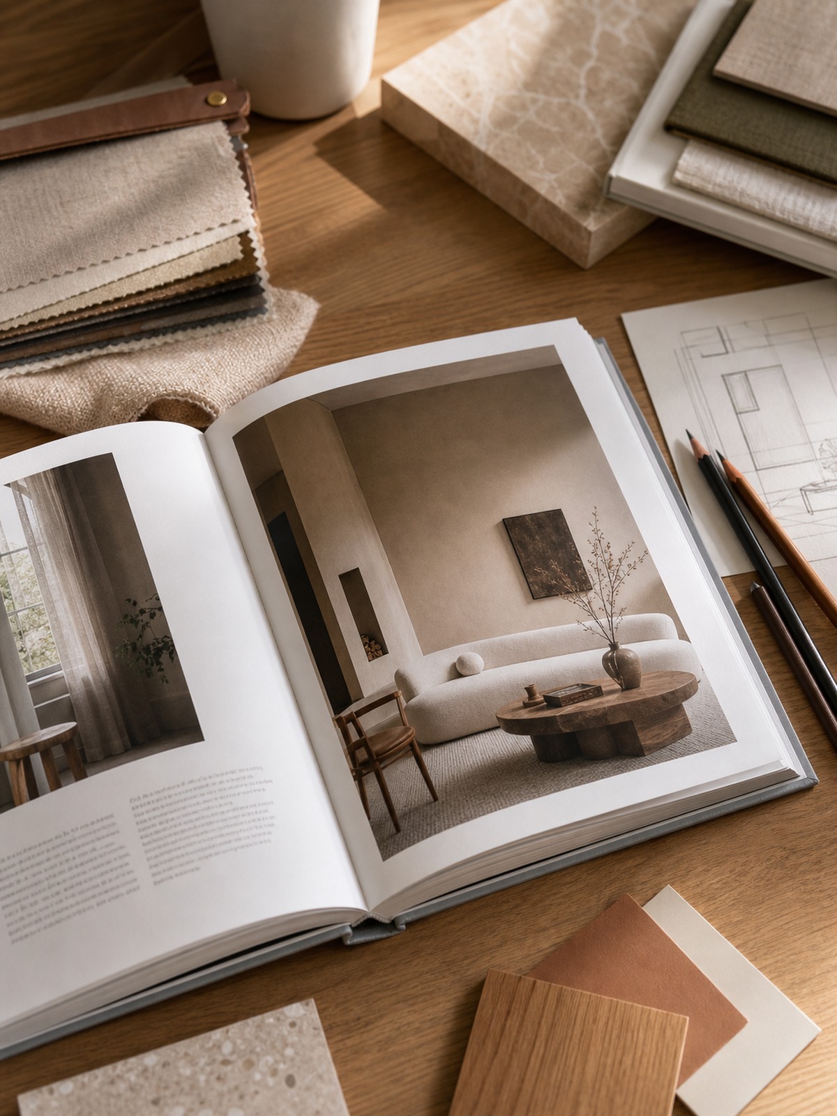 Open interior design monograph with material swatches Open interior design monograph beside material swatches and pencils on a warm studio desk | Sky Rye Design Open interior design monograph beside material swatches and pencils on a warm studio desk