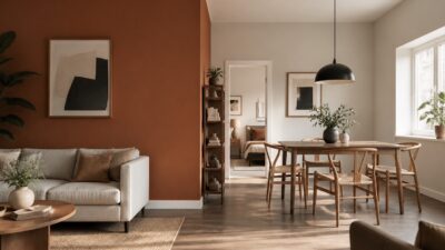An open-plan apartment where warm terracotta and pale linen walls define living and dining zones