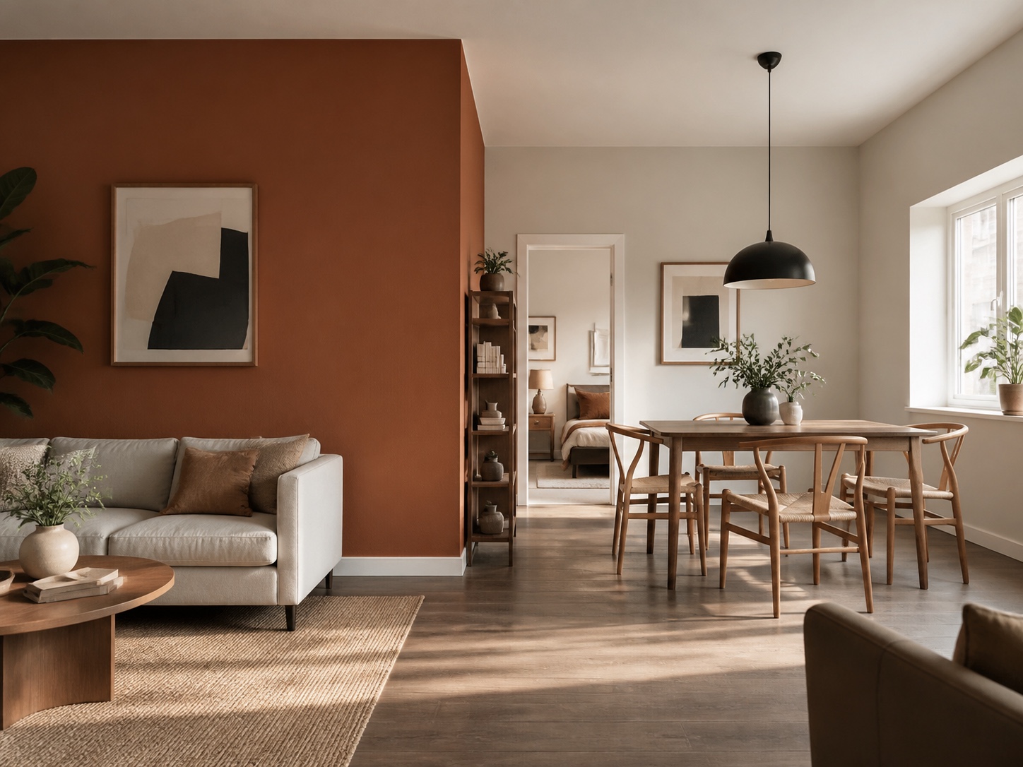 An open-plan apartment where warm terracotta and pale linen walls define living and dining zones