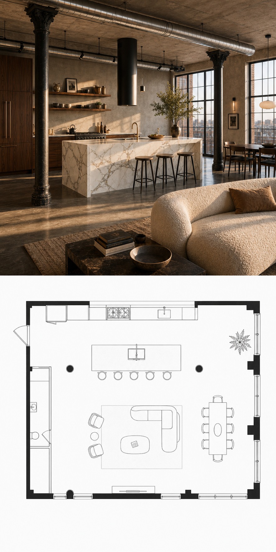 Split-panel reference of an industrial loft kitchen with a Calacatta marble island above a matching floor plan.