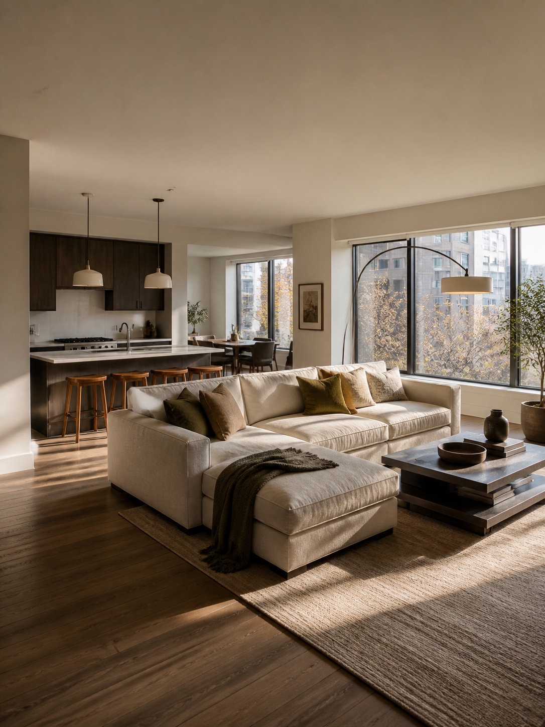 Open Plan Living Room Sofa Zone A sectional sofa defines the living area in an open-plan apartment with the kitchen visible behind it. | Sky Rye Design A sectional sofa defines the living area in an open-plan apartment with the kitchen visible behind it.