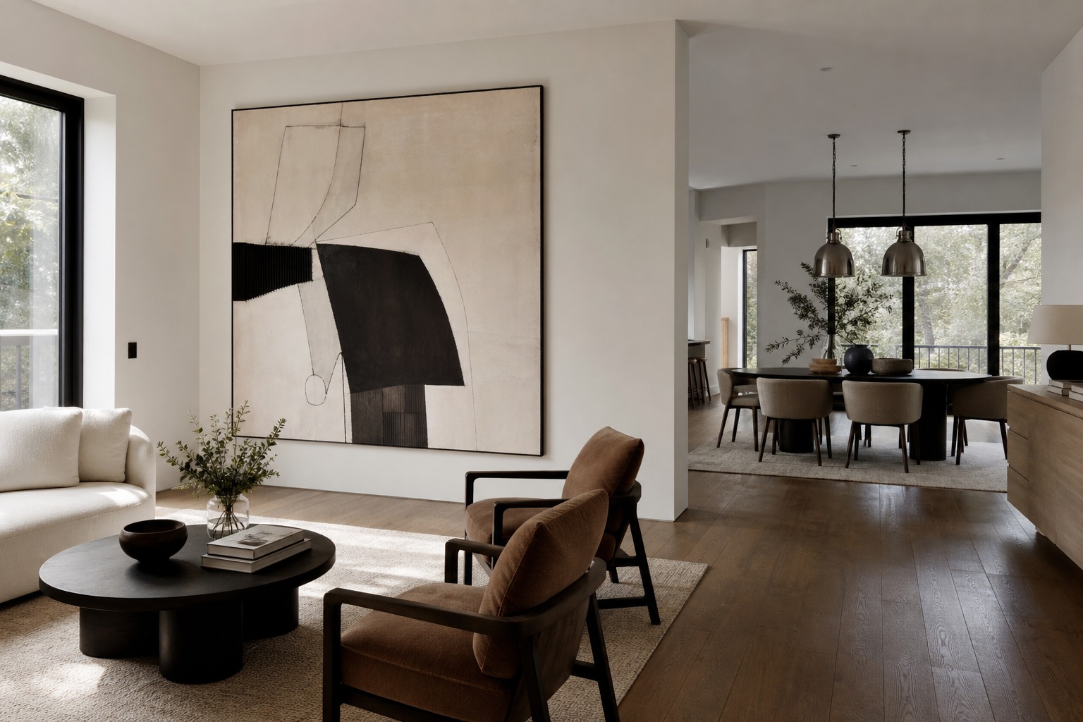Oversized canvas marking the seating area in an open-plan living and dining room.