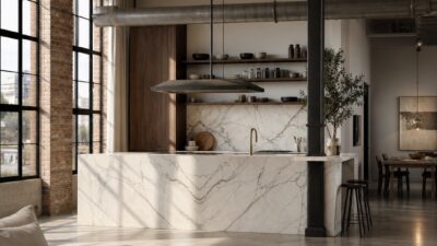Open-plan loft kitchen where a book-matched marble island separates the cooking and living areas.