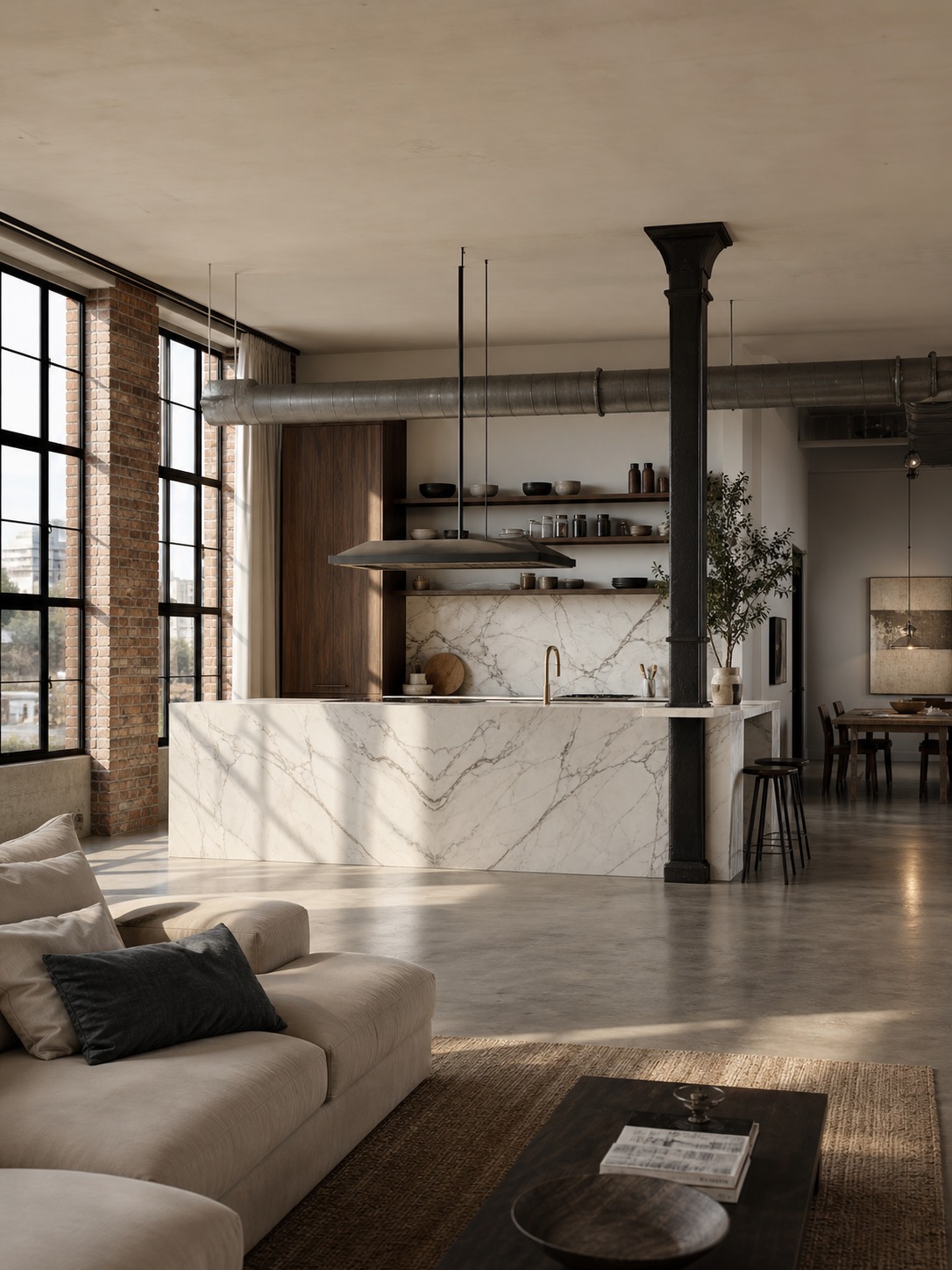 Open-plan loft kitchen where a book-matched marble island separates the cooking and living areas.