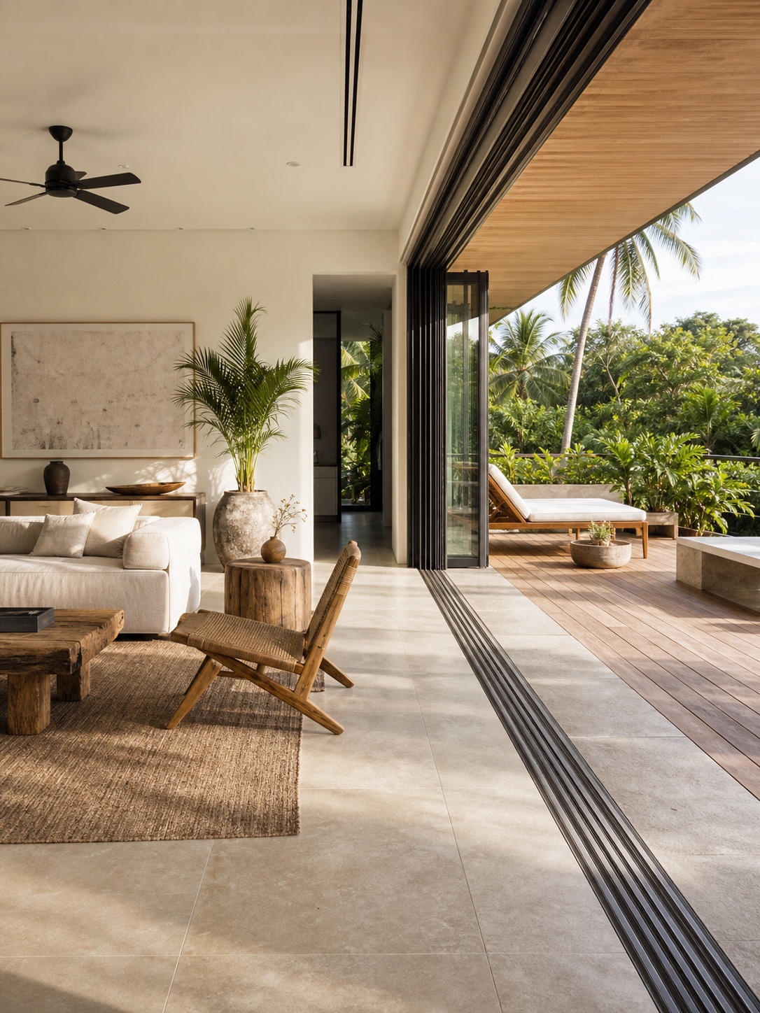 A living room with a full-width folding glass wall opened to a terrace with continuous indoor-outdoor flooring.