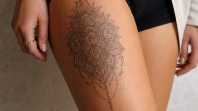 Ornamental mandala thigh tattoo in black fine line style on the upper outer thigh, paired with modest black shorts.