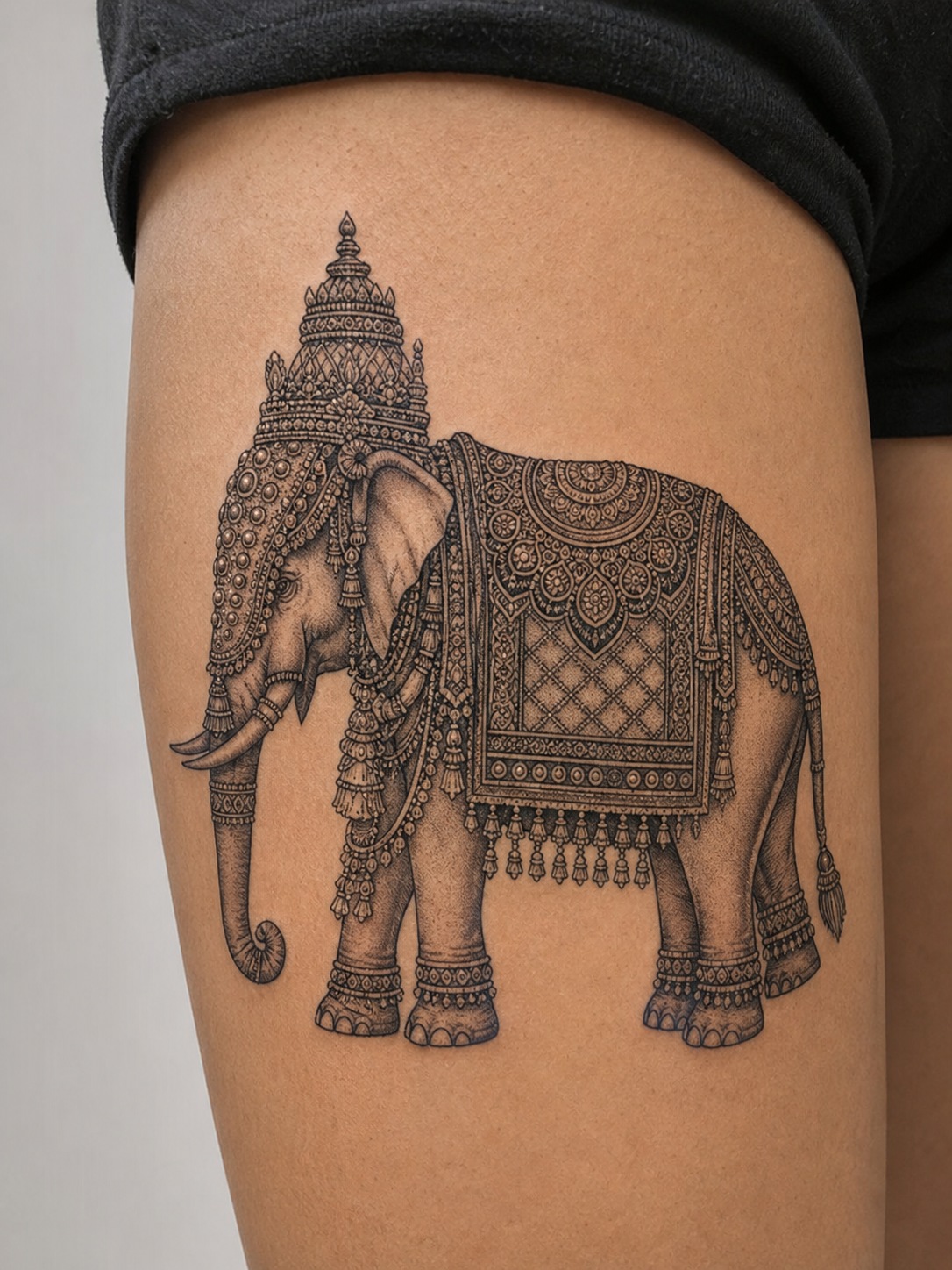 Ornate caparisoned elephant tattoo with South Indian festival-inspired decorative patterns.