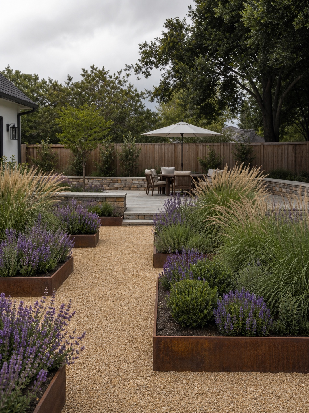 Residential backyard with stone patio, gravel paths, raised planting beds, lavender, and ornamental grasses.