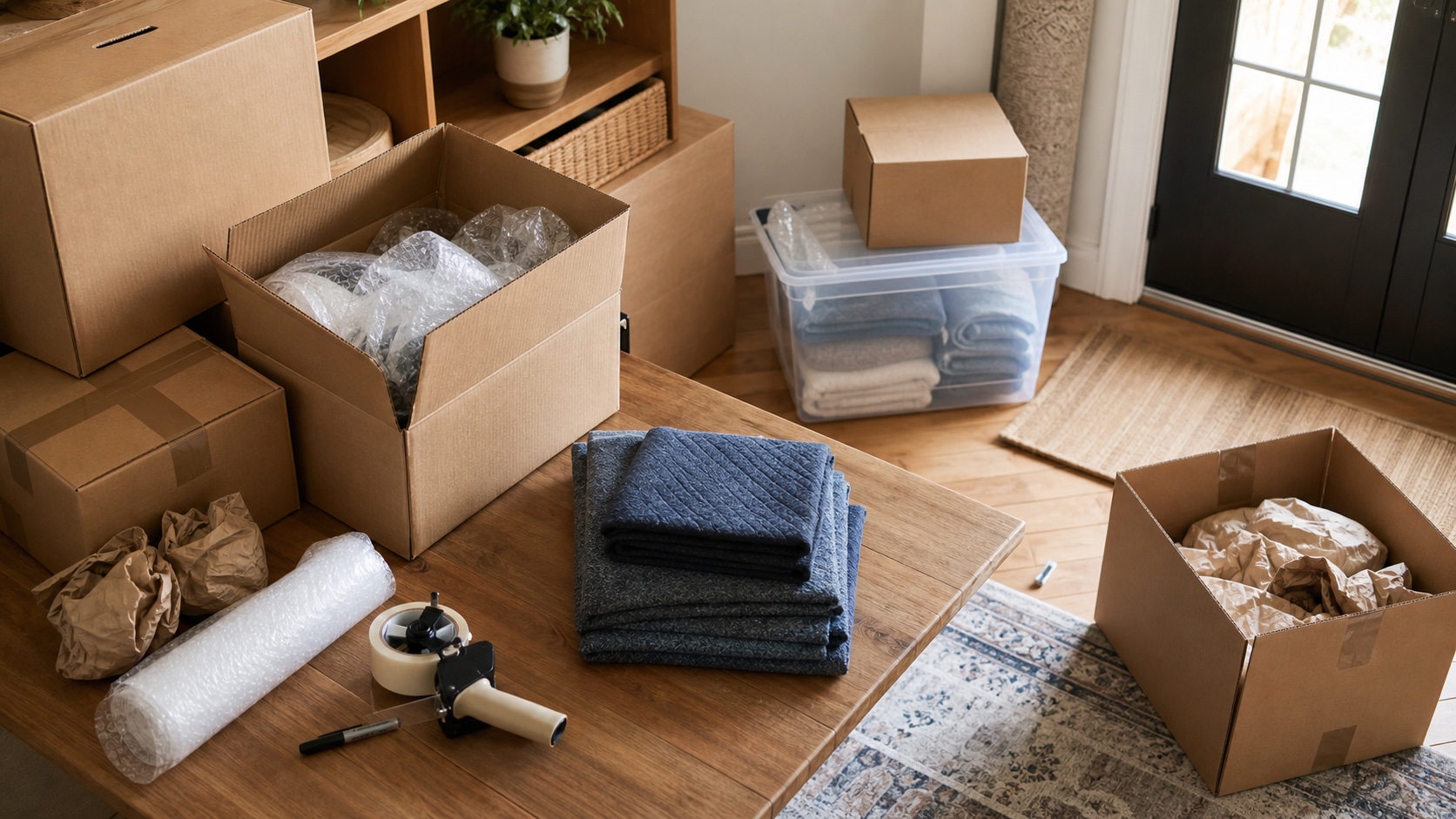 Cardboard boxes, bubble wrap, packing paper, tape, and folded blankets prepared for storage