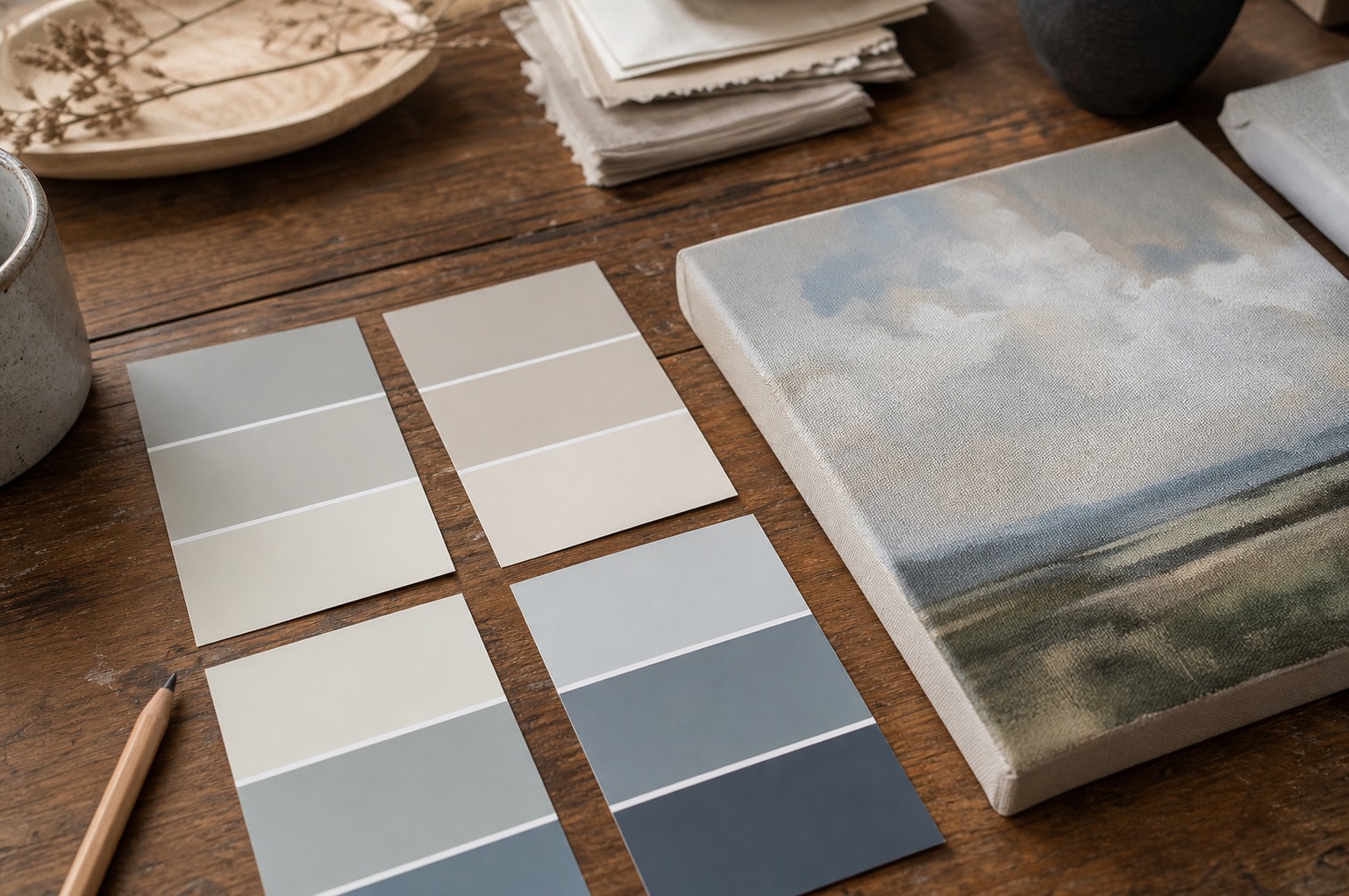 Paint chip cards and a canvas print sample arranged for living room color matching.