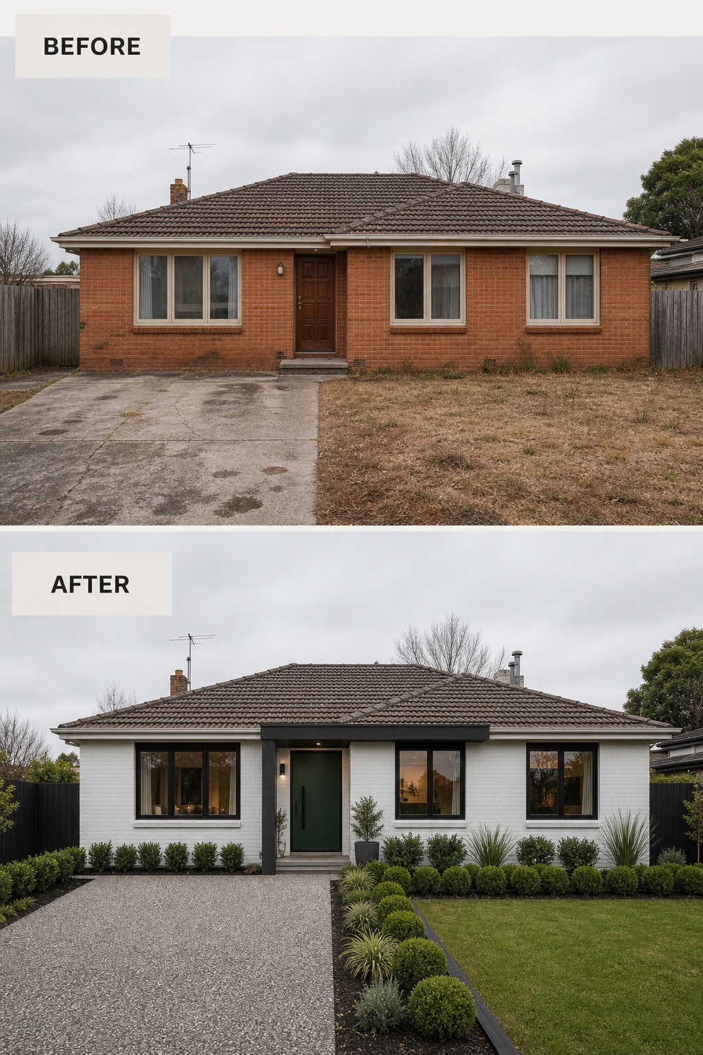 Before and after facade redesign of a red brick ranch house transformed with white paint, black windows, a green pivot door, driveway work, and formal landscaping.