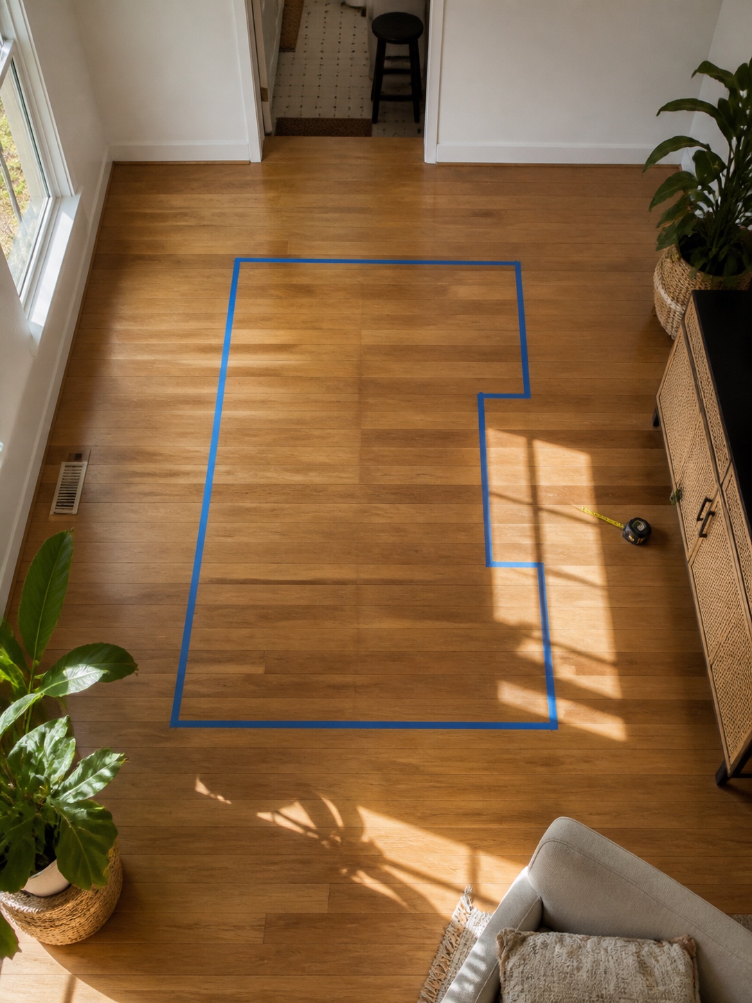 Painter tape floor test sofa footprint Painter tape marking a proposed sofa footprint on the floor of a small living room. | Sky Rye Design Painter tape marking a proposed sofa footprint on the floor of a small living room.