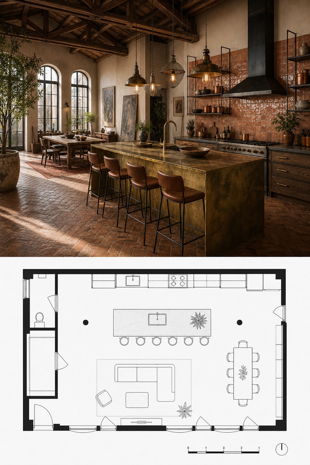 Split-panel reference of a Paris atelier loft kitchen with terracotta tile and patina brass island above a floor plan.