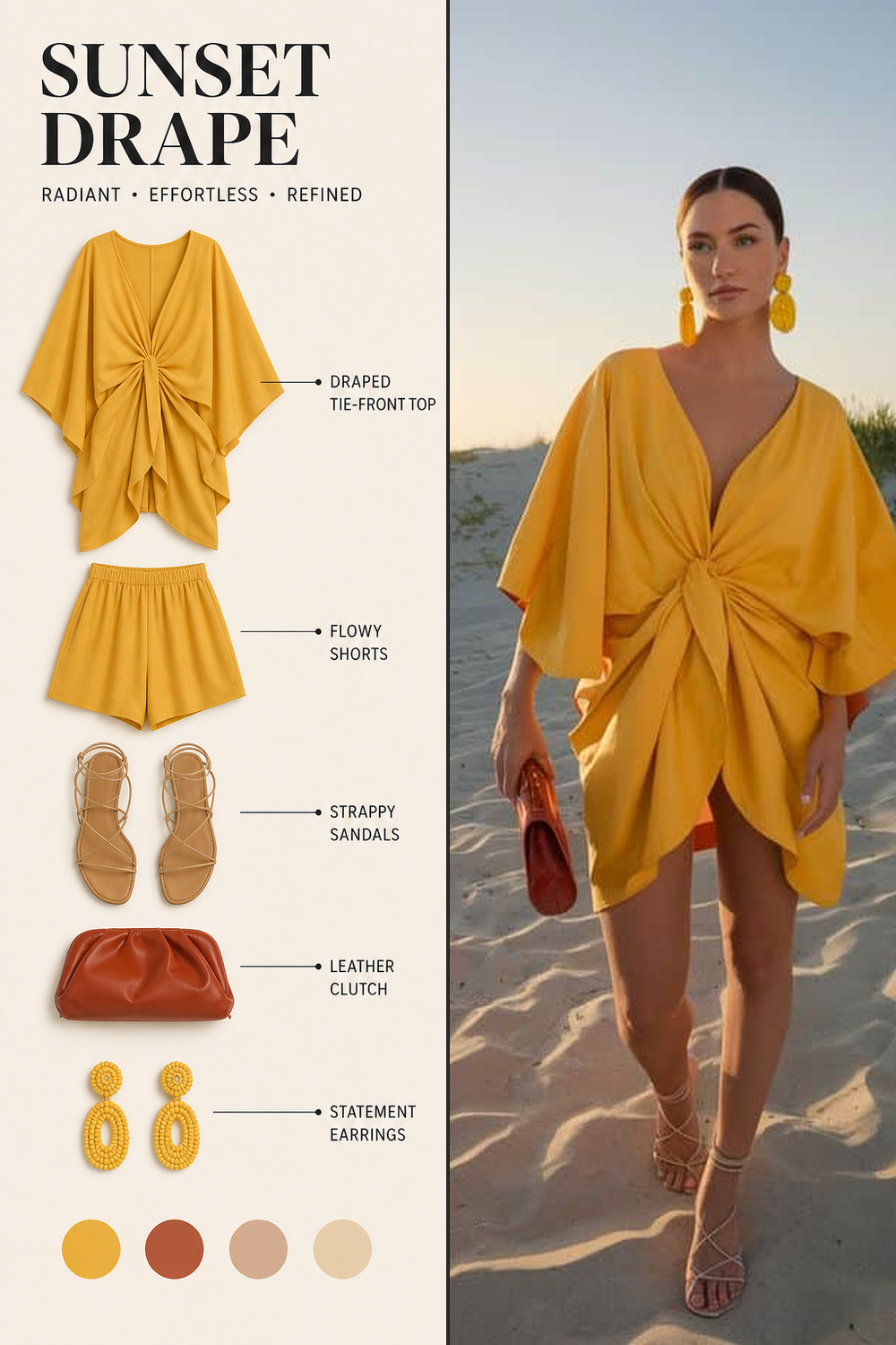 Party Fashion Outfit Infographic 01 Two-panel party outfit infographic with a mustard draped dress, strappy sandals, leather clutch, and statement earrings. | Sky Rye Design Two-panel party outfit infographic with a mustard draped dress, strappy sandals, leather clutch, and statement earrings.