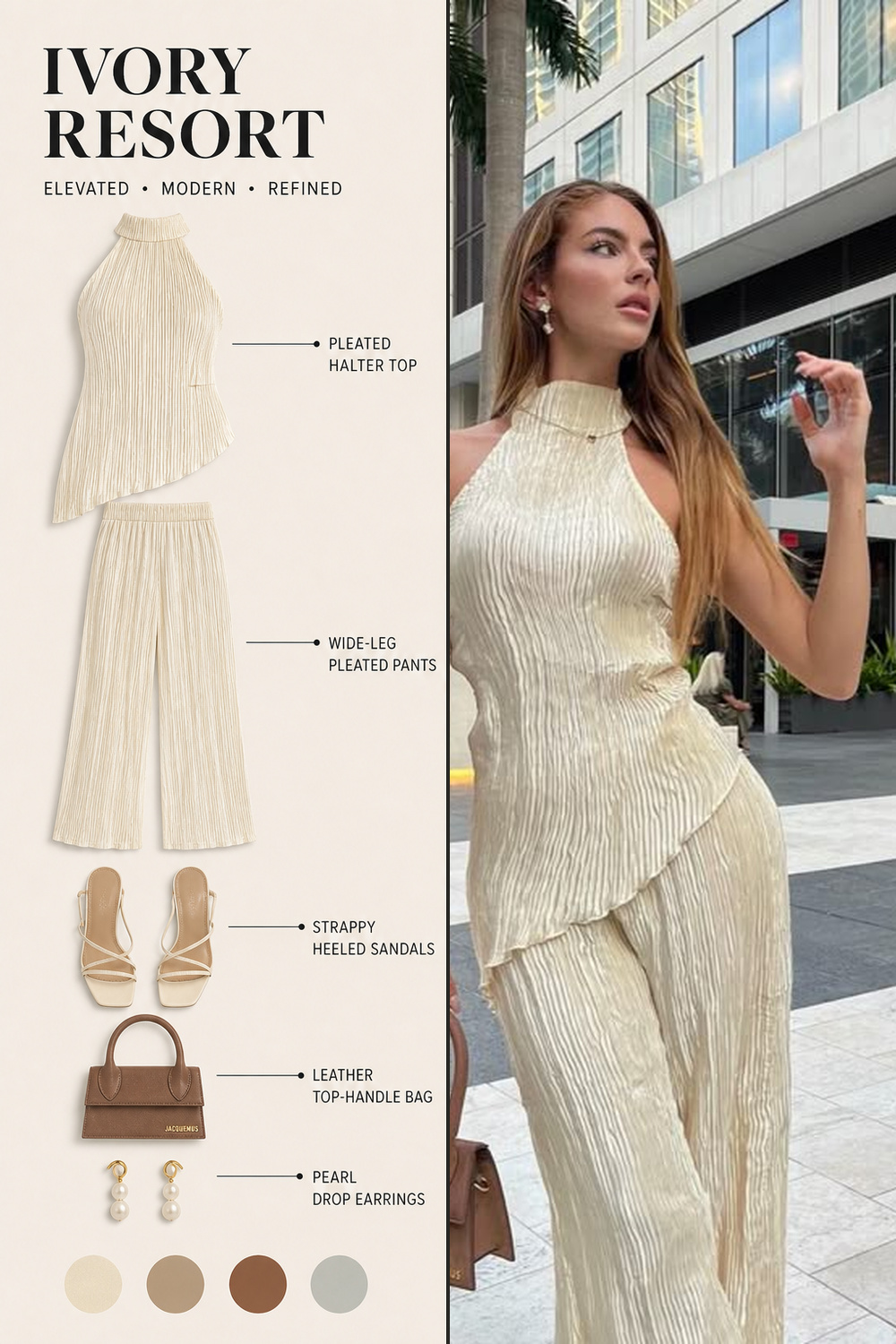 Party Fashion Outfit Infographic 02 Two-panel party outfit infographic with an ivory pleated halter set, strappy heels, top-handle bag, and pearl earrings. | Sky Rye Design Two-panel party outfit infographic with an ivory pleated halter set, strappy heels, top-handle bag, and pearl earrings.