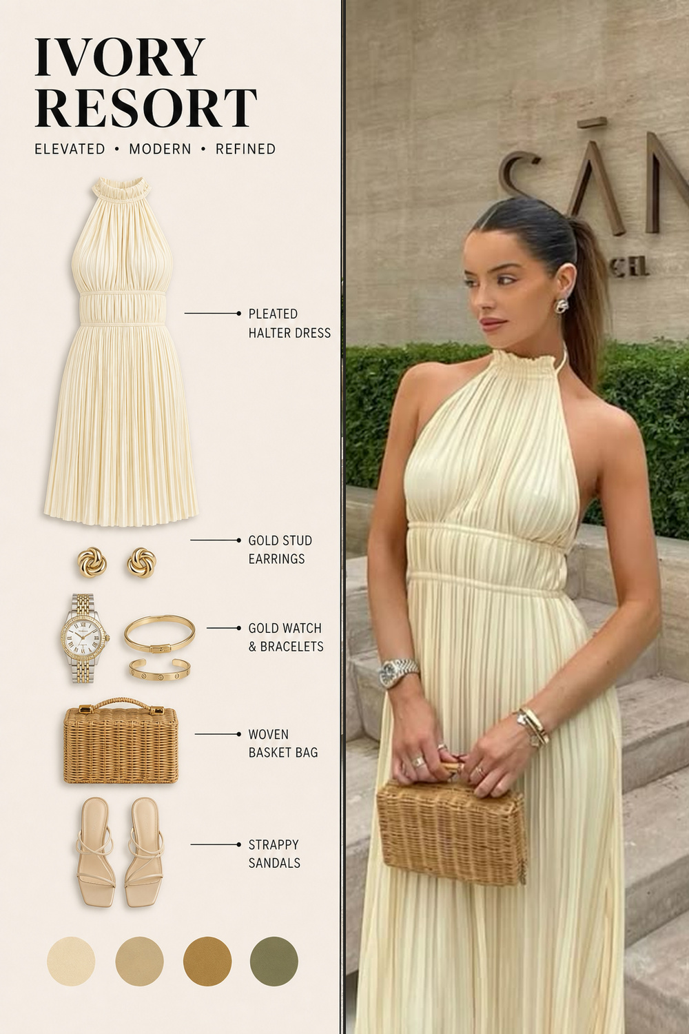 Party Fashion Outfit Infographic 03 Two-panel party outfit infographic with a cream halter dress, woven basket bag, jewelry, and neutral sandals. | Sky Rye Design Two-panel party outfit infographic with a cream halter dress, woven basket bag, jewelry, and neutral sandals.