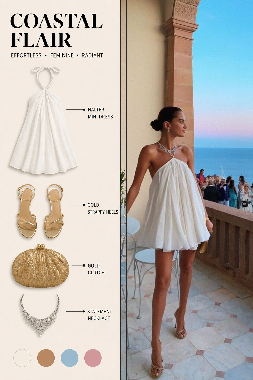 Party Fashion Outfit Infographic 04 Two-panel party outfit infographic with a white terrace mini dress, gold clutch, strappy heels, and coastal palette. | Sky Rye Design Two-panel party outfit infographic with a white terrace mini dress, gold clutch, strappy heels, and coastal palette.