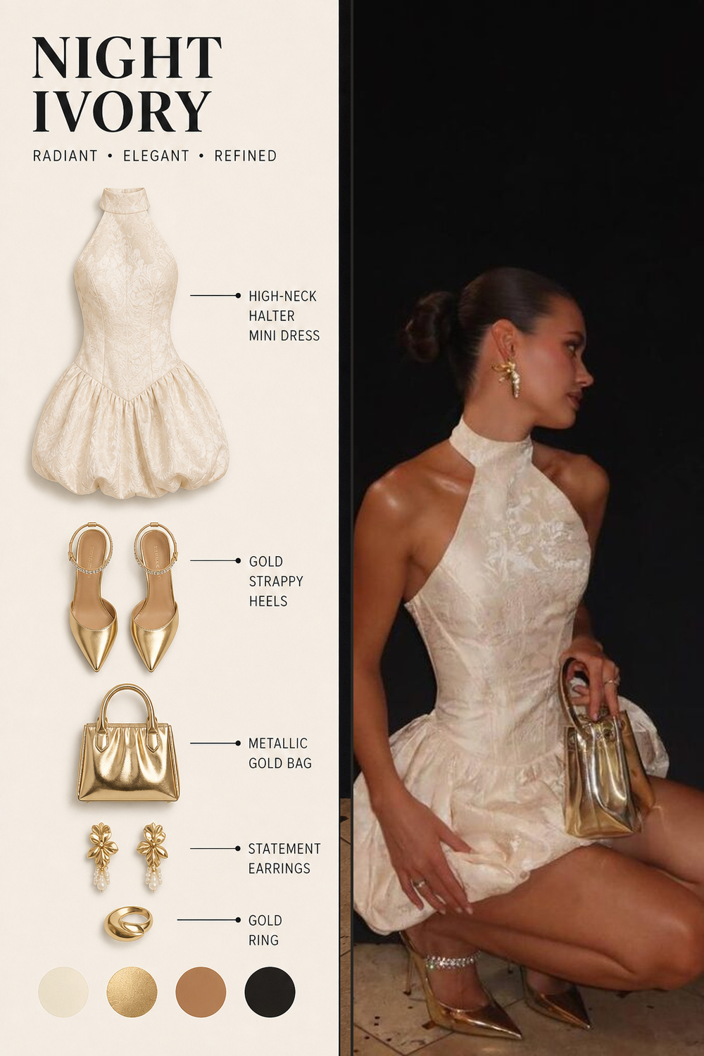 Party Fashion Outfit Infographic 05 Two-panel party outfit infographic with an ivory high-neck mini dress, metallic bag, pointed heels, and evening jewelry. | Sky Rye Design Two-panel party outfit infographic with an ivory high-neck mini dress, metallic bag, pointed heels, and evening jewelry.