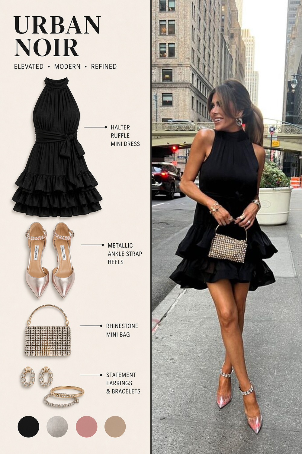 Party Fashion Outfit Infographic 06 Two-panel party outfit infographic with a black ruffle mini dress, sparkling handbag, metallic heels, and city party styling. | Sky Rye Design Two-panel party outfit infographic with a black ruffle mini dress, sparkling handbag, metallic heels, and city party styling.