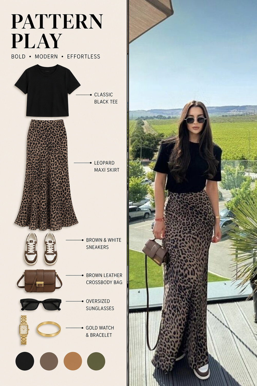 Party Fashion Outfit Infographic 07 Two-panel party outfit infographic with a black tee, leopard maxi skirt, sneakers, sunglasses, and crossbody bag. | Sky Rye Design Two-panel party outfit infographic with a black tee, leopard maxi skirt, sneakers, sunglasses, and crossbody bag.