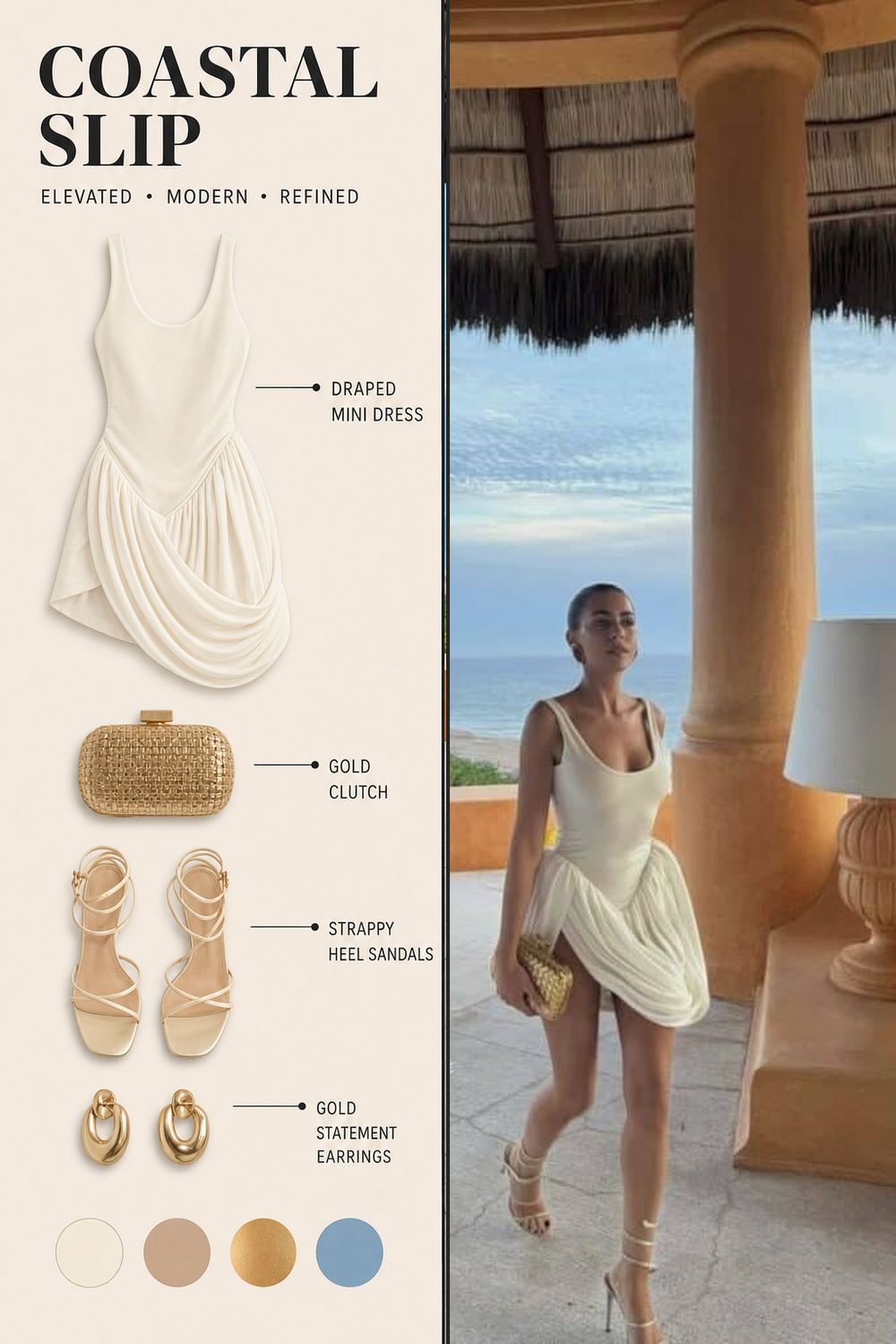 Party Fashion Outfit Infographic 08 Left fashion collage shows a white draped mini dress with a gold clutch, strappy heeled sandals, and gold earrings, plus color swatches; right side features a woman in a cream dress by the ocean holding a small gold clutch under a thatched roof column. | Sky Rye Design Two-panel party outfit infographic with a white draped resort dress, gold clutch, strappy heels, and warm coastal colors.