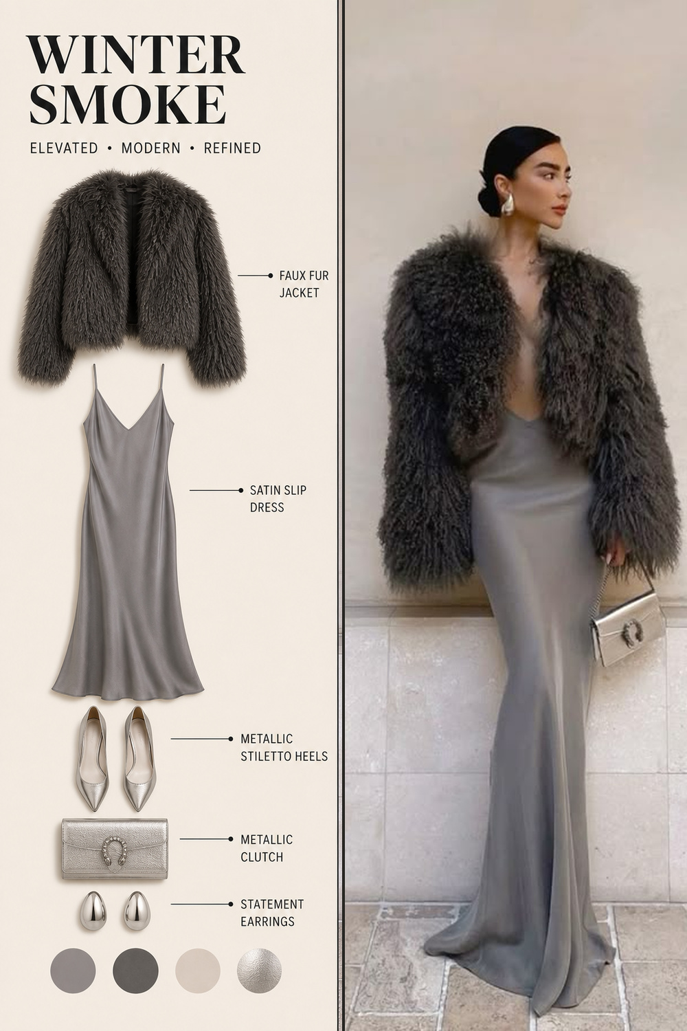 Party Fashion Outfit Infographic 09 Two-panel party outfit infographic with a grey slip dress, dark faux fur jacket, metallic clutch, and winter party palette. | Sky Rye Design Two-panel party outfit infographic with a grey slip dress, dark faux fur jacket, metallic clutch, and winter party palette.