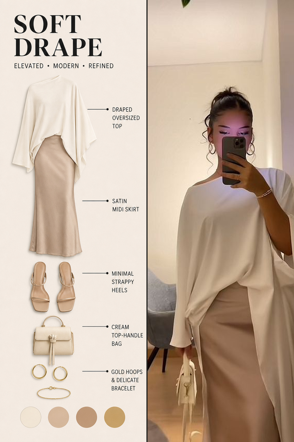 Party Fashion Outfit Infographic 10 Two-panel party outfit infographic with a draped white top, beige skirt, cream bag, and soft minimalist palette. | Sky Rye Design Two-panel party outfit infographic with a draped white top, beige skirt, cream bag, and soft minimalist palette.
