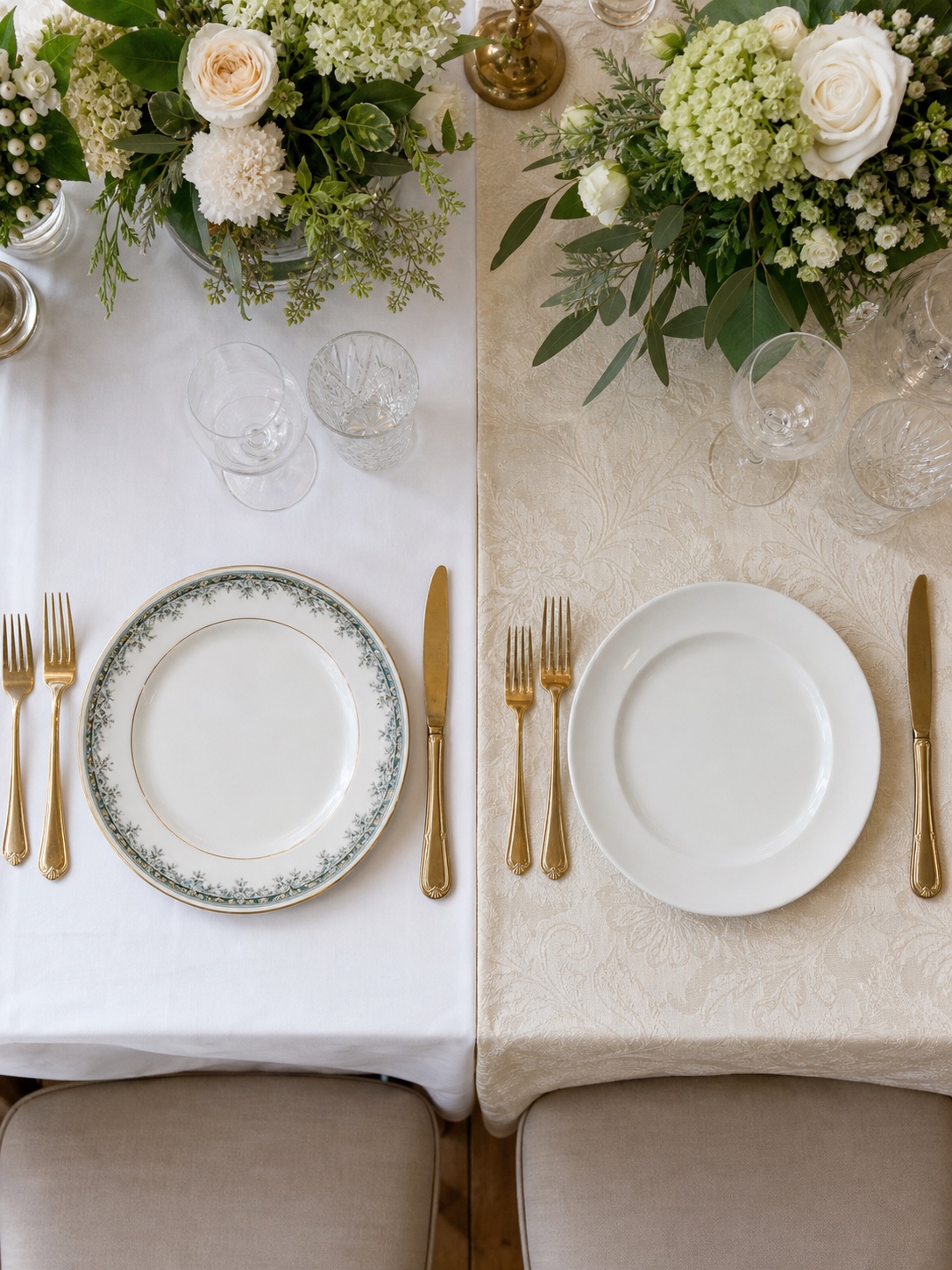 Side-by-side wedding place settings comparing patterned china on plain linen and plain china on textured linen.