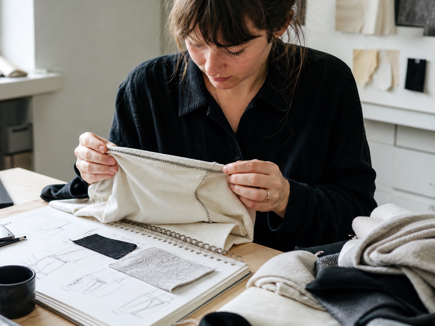 Fashion patternmaker checking the inside seam of a garment at a studio desk with samples nearby.