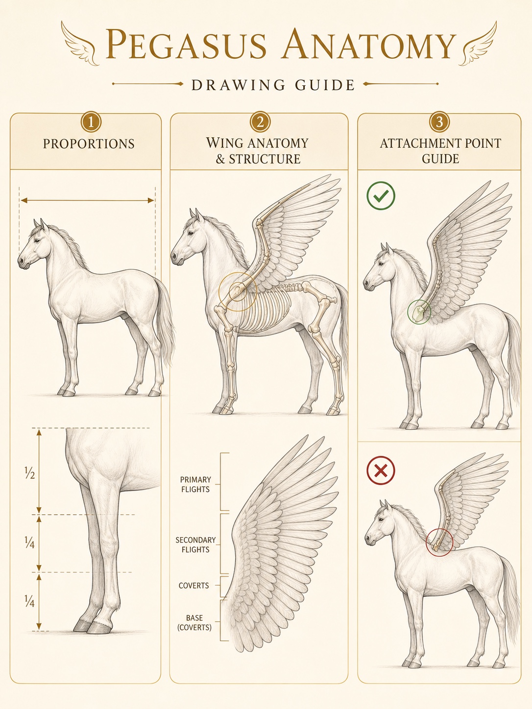 Educational Pegasus anatomy infographic showing horse proportions, wing attachment, and feather layers.