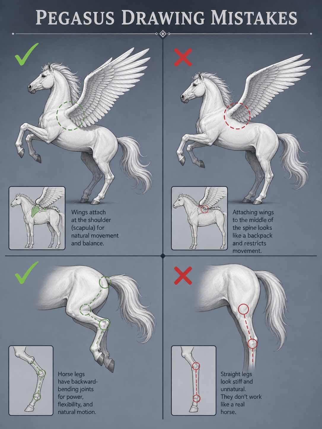 Pegasus drawing mistakes infographic comparing correct and incorrect wing attachment and leg joints.