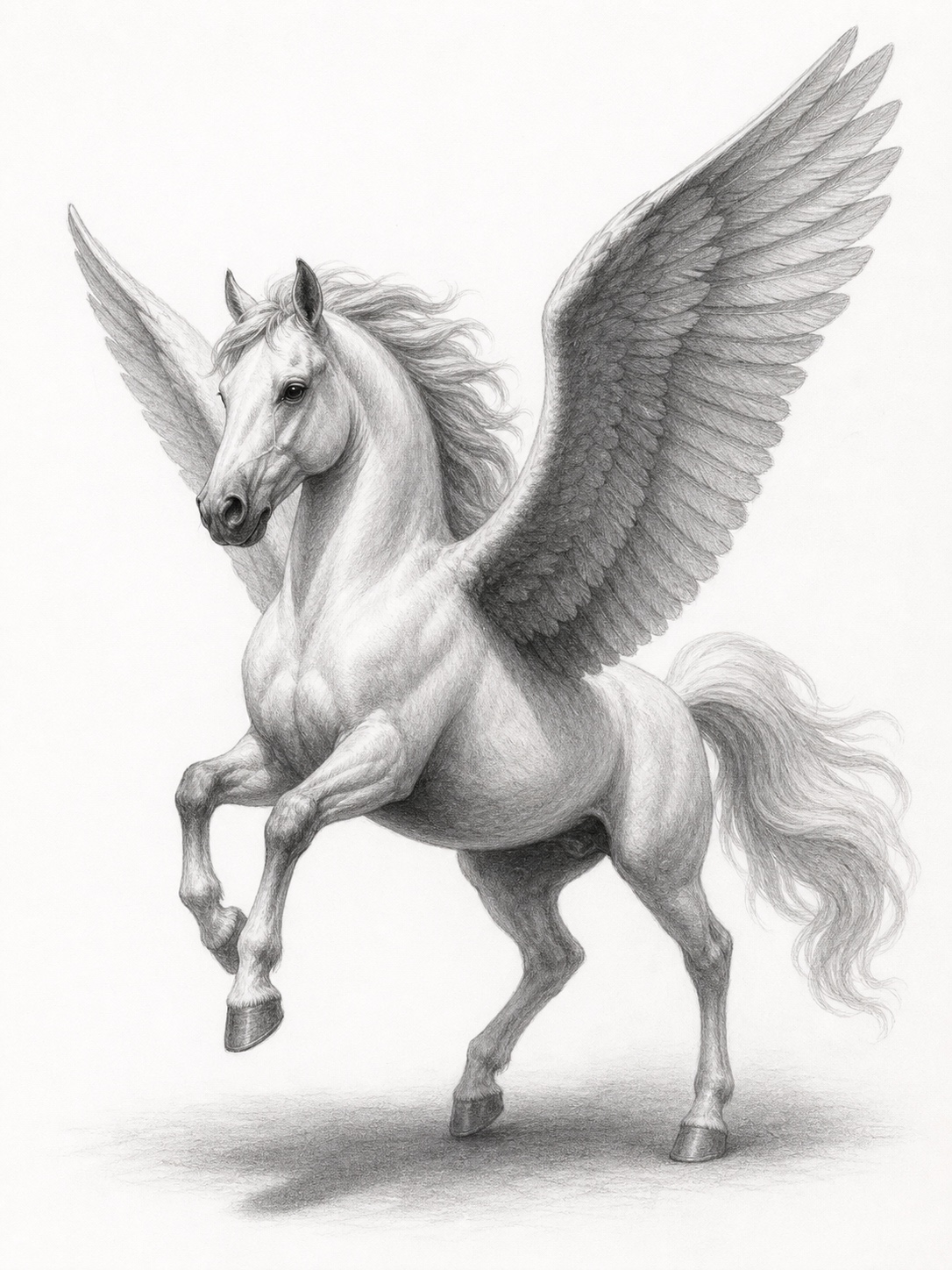 Finished shaded Pegasus pencil drawing with textured feathers and smooth coat shading.