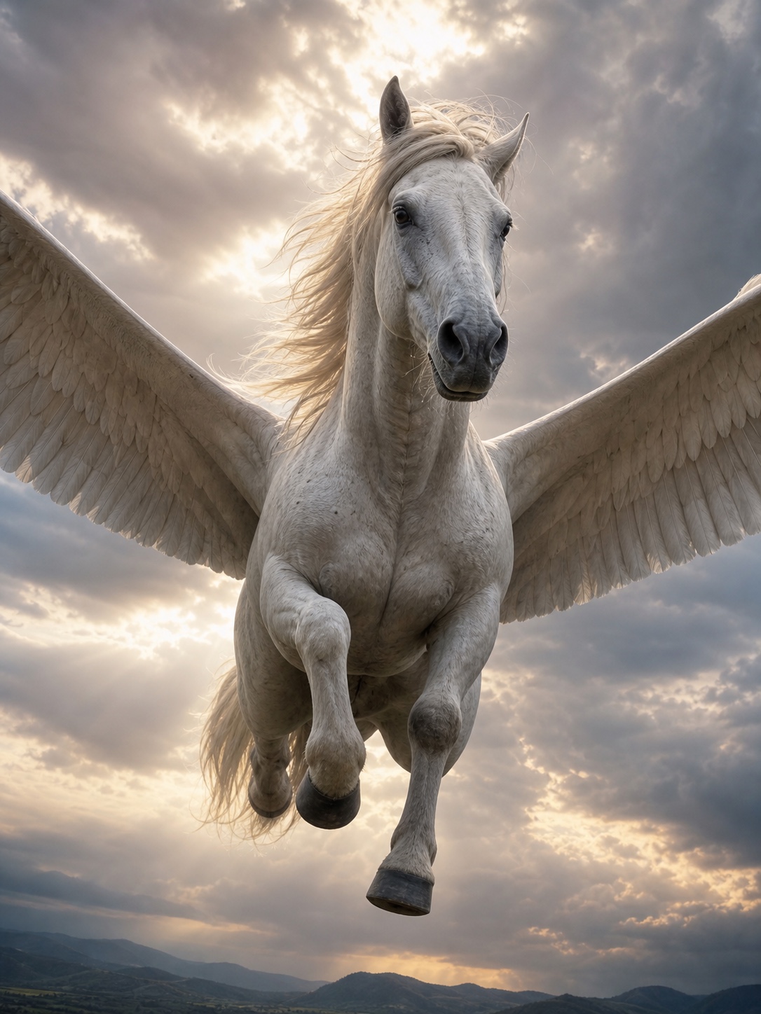 A Pegasus flying toward the viewer from a dramatic low angle with wings spread.