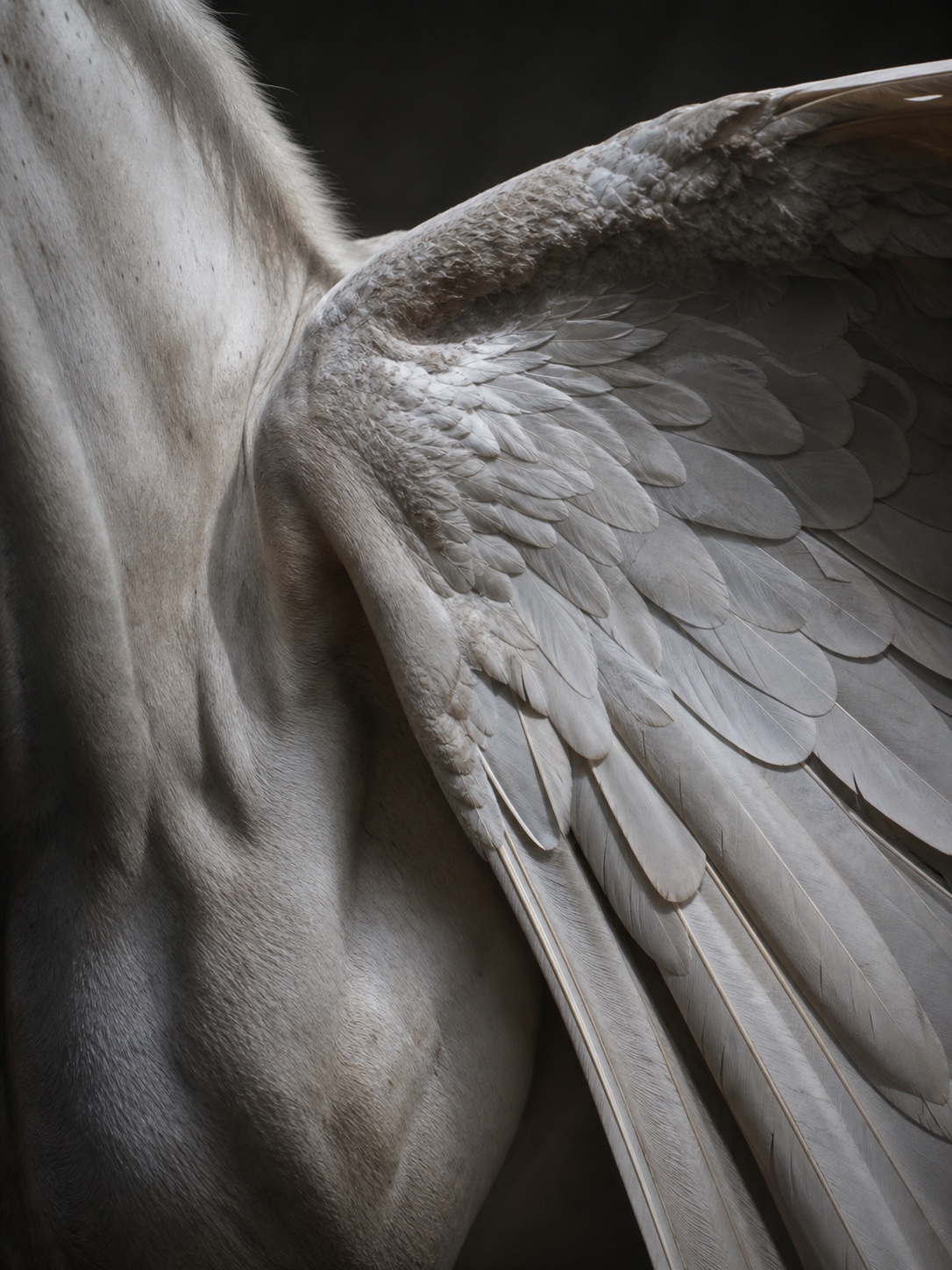 Close-up reference of a Pegasus shoulder where the wing blends into layered feathers.