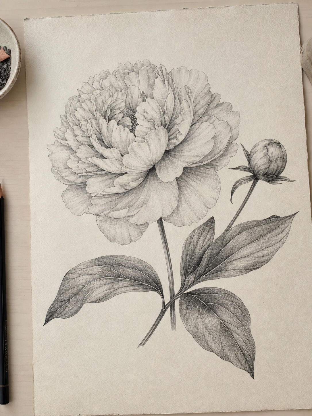 Finished botanical pencil illustration of a peony bloom with leaves and a bud on cream textured paper.