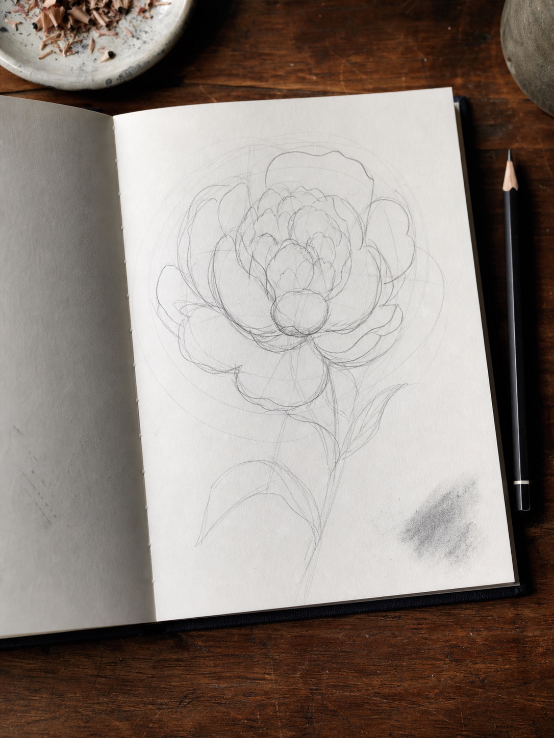 Open sketchbook showing loose circular guidelines and basic petal shapes for a rough peony pencil sketch.