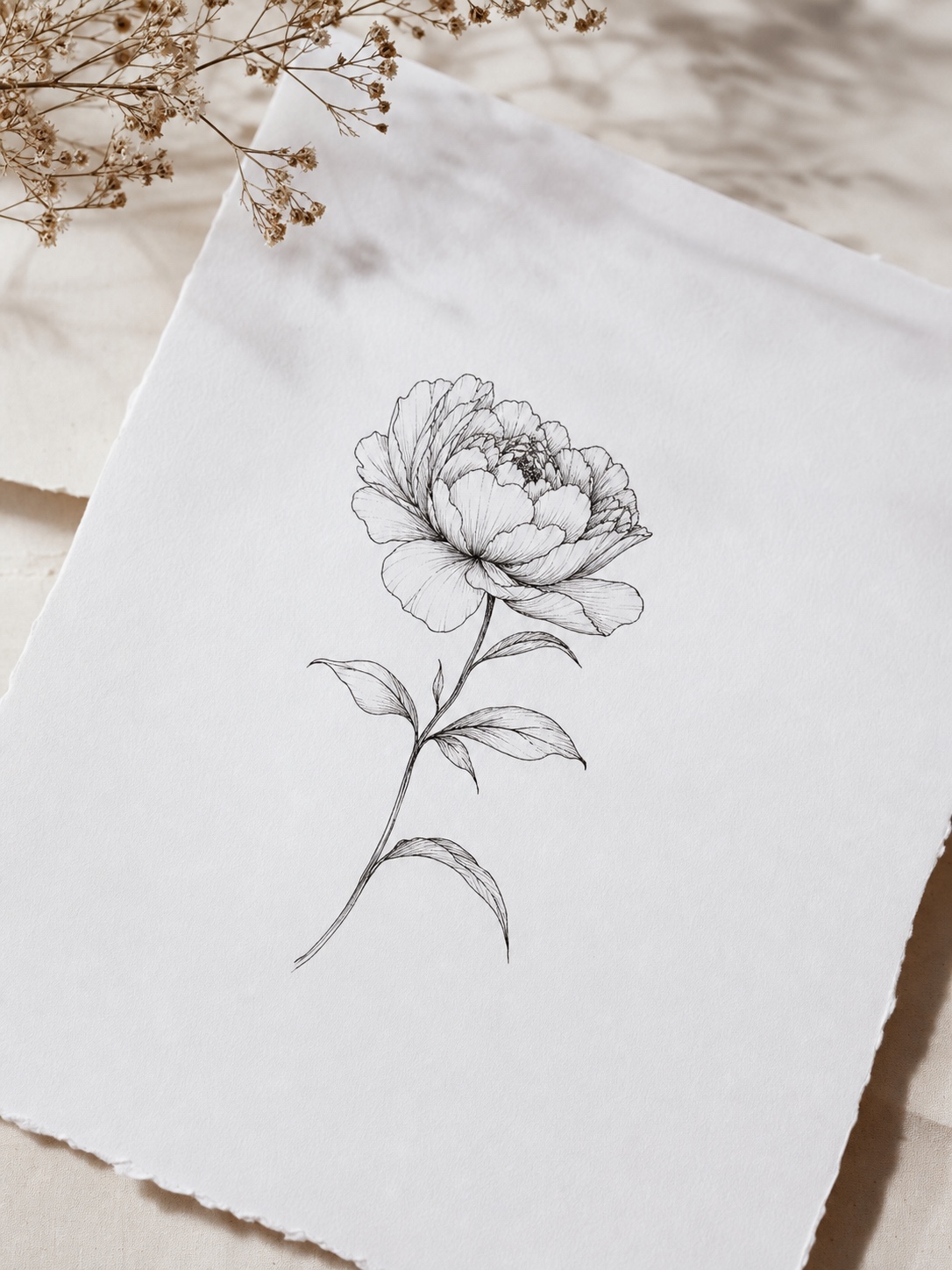 Minimal fine-line peony tattoo sketch in clean black ink on white paper.
