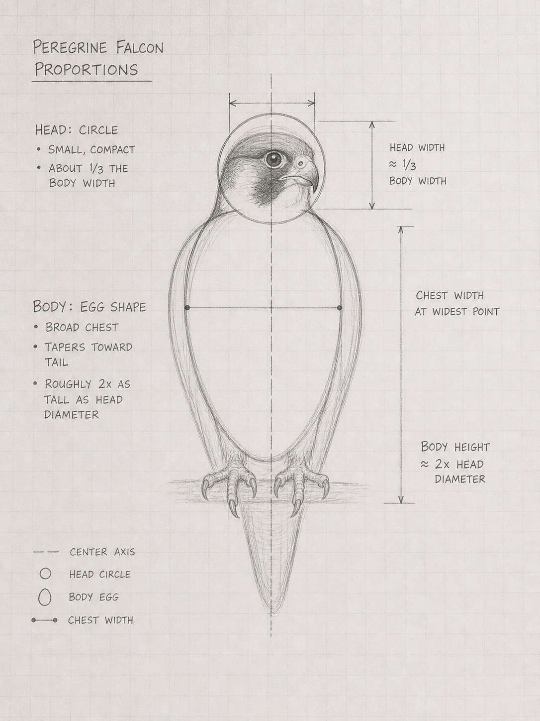 Peregrine falcon body proportion diagram with center axis and head-to-body ratio marks.