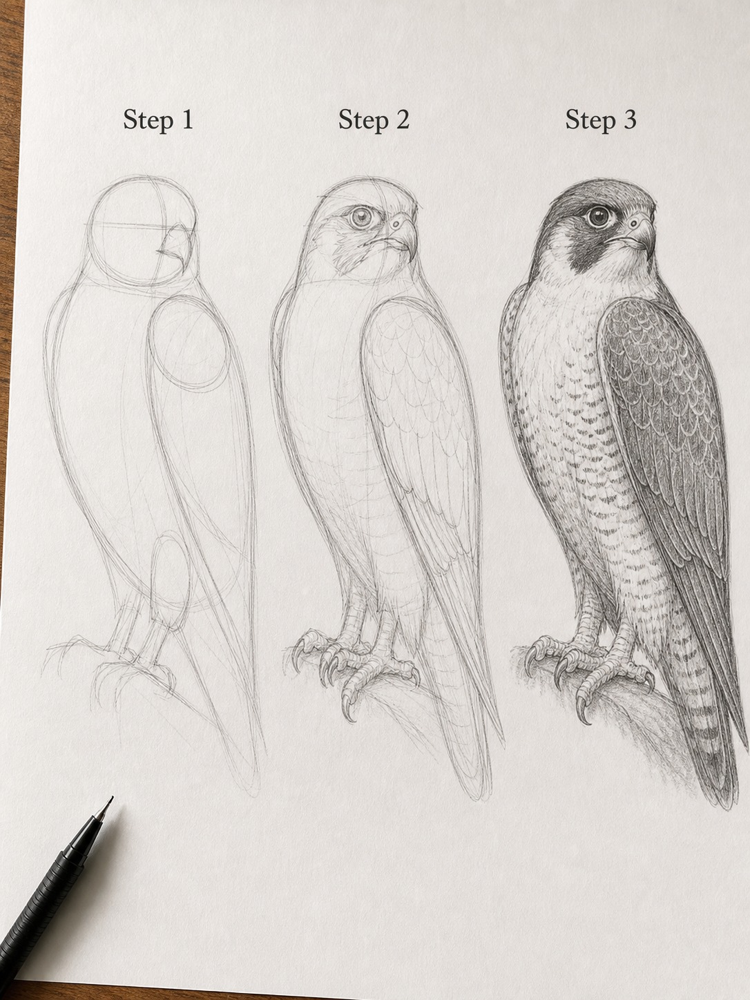 Step-by-step pencil progression from basic falcon shapes to finished shading.